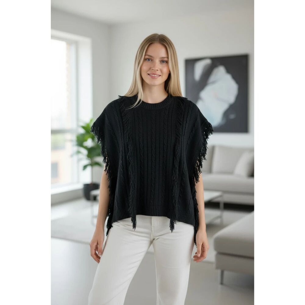 Anna & Ava Women's Black Lightweight Cable Knit Poncho Sweater w Fringe OSFM